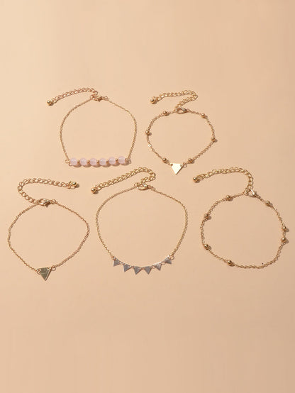 5pcs Gold Color Chain Pink Beads Triangle Decor Bracelet set Boho Chic Jewellery-1