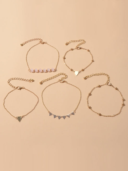 5pcs Gold Color Chain Pink Beads Triangle Decor Bracelet set Boho Chic Jewellery-1