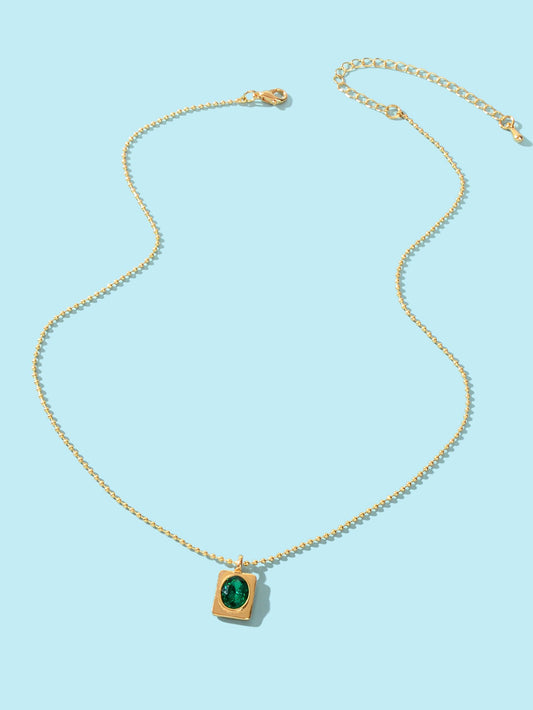 Trendy Gold Popcorn Chain Dainty Green Imitation Gem Square Pendant Necklace-1