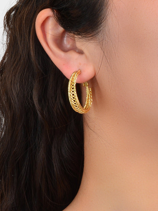 Women Gold Hollow Out Chunky Thick Open Twisted Huggie Statement Hoop Earrings-1