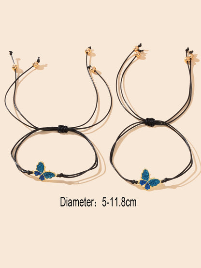2 pcs Adjustable Black Rope Blue Butterfly Pendant Bracelet Mother's Day Gift-1