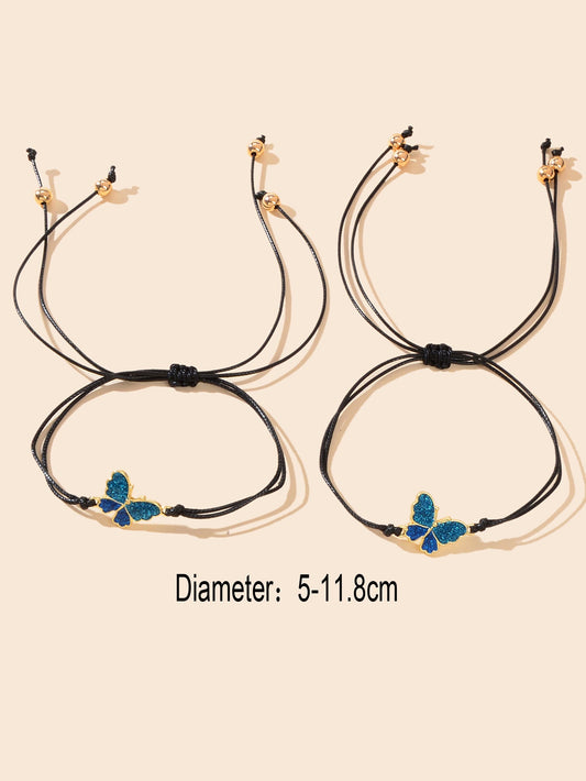 2 pcs Adjustable Black Rope Blue Butterfly Pendant Bracelet Mother's Day Gift-1