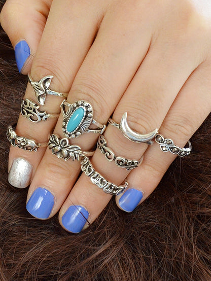 Stackable 9pcs Tribal Ethnic Lotus Elephant Moon Flower Multiple Bulk Rings set-4