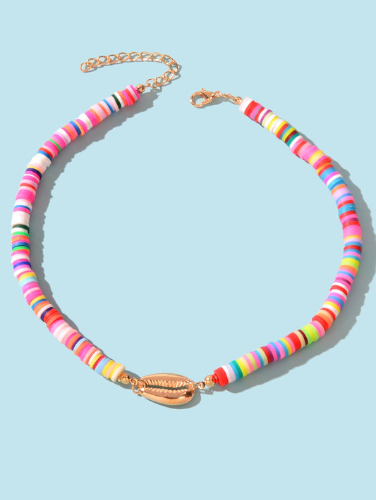 Surfer Choker Polymer Clay Necklace Boho Colourful Vinyl Disc Shell Collar Gift-1