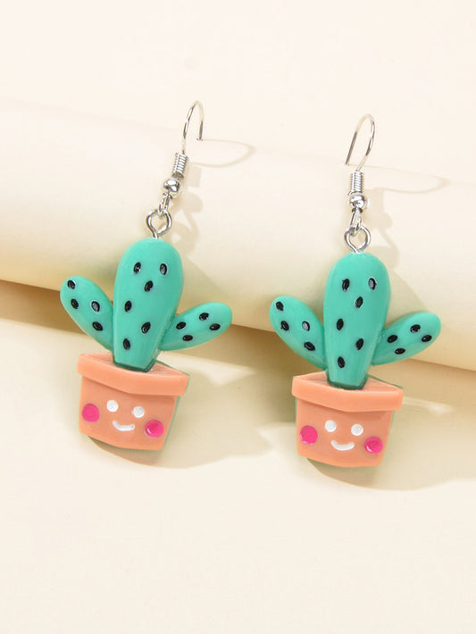 3D Cartoon Multi-colored Cactus Flowerpot Plant Drop Earrings Women Funny Gifts-1