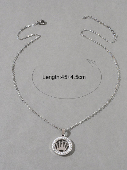 Engagement Jewellery Gift Full Rhinestone Silver Circle Crown Pendant Necklace-1