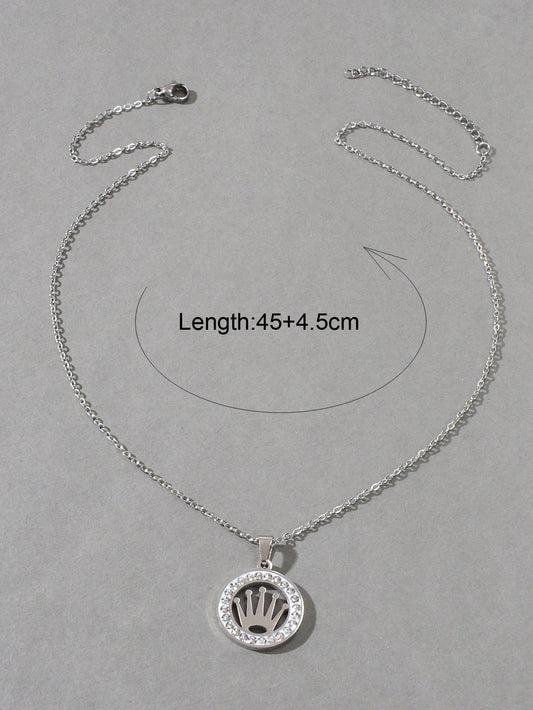 Engagement Jewellery Gift Full Rhinestone Silver Circle Crown Pendant Necklace-1