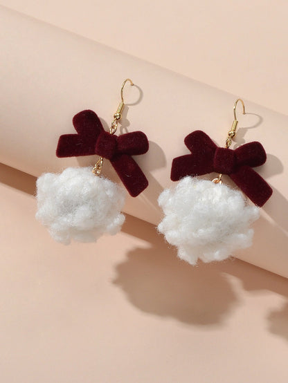 Sweet Winered Velvet Bowknot White Ball Cotton Dangle Earrings Girls Dainty Gift-1