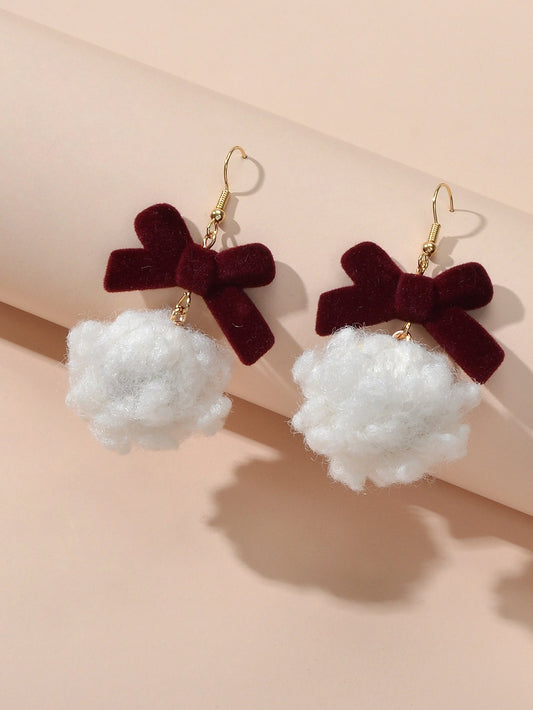 Sweet Winered Velvet Bowknot White Ball Cotton Dangle Earrings Girls Dainty Gift-1