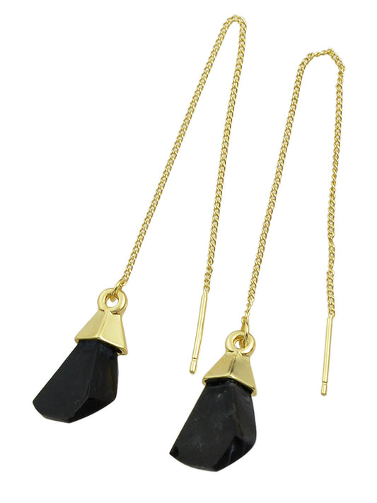 Ethnic American Jewellery Long Chain Black White Stone Boho Chic Dangle Earrings-1