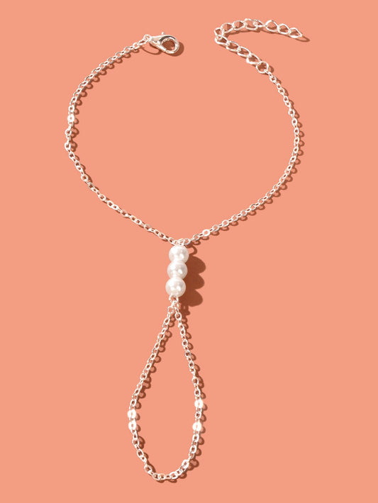 Boho Silver Hand Chain Finger Ring Harness Adjustable Slave Bracelet with Pearl-1