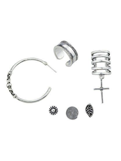 6 pcs Tribal Ethnic Antique Circle Cross Oxidized Intricate Hoop Stud Ear Cuff-1