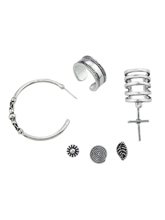 6 pcs Tribal Ethnic Antique Circle Cross Oxidized Intricate Hoop Stud Ear Cuff-1