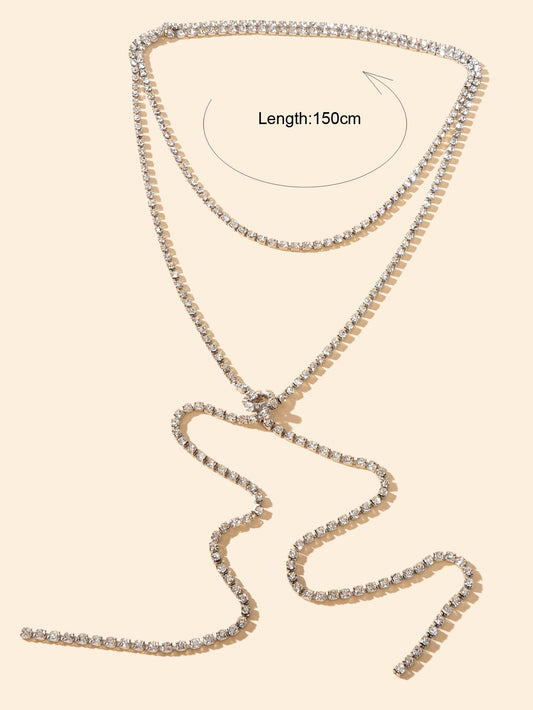 Luxury Multilayered Silver Chain Tassel Full Rhinestone Long Y Style Necklace-1