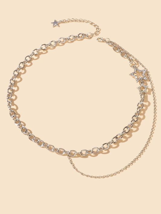 Designer Style Rhinestone Decor Gold Layered Chain Star Charm Clavicle Necklace-1