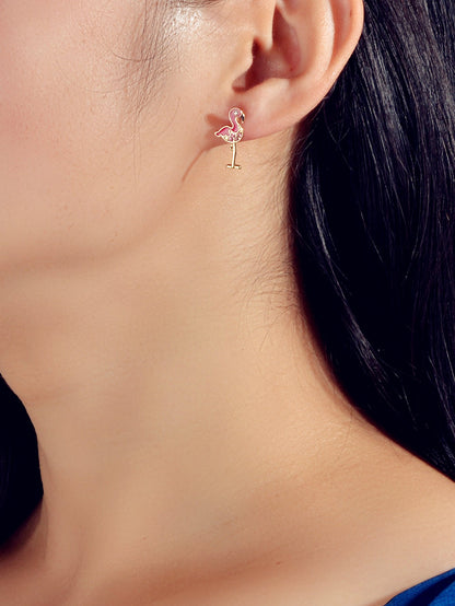 Pink Rhinestone Enamel Flamingo Bird Stud Earrings Sensitive Ears Dainty Gift-1
