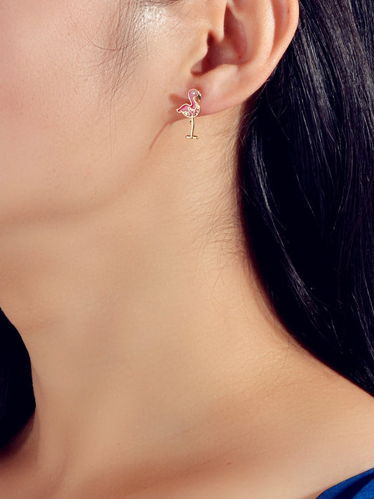Pink Rhinestone Enamel Flamingo Bird Stud Earrings Sensitive Ears Dainty Gift-1
