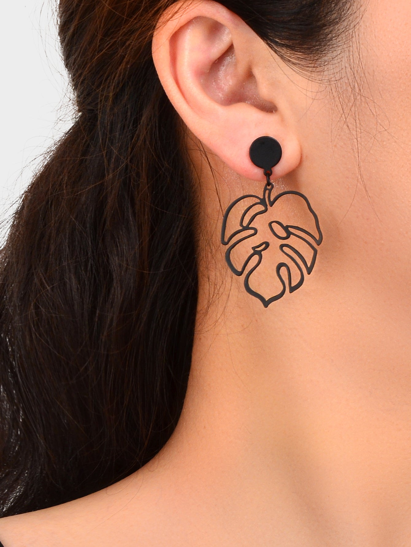 Pierced Abstract Geometric Black Leaf Hollow Statement Earrings Plant Stud Gift-1