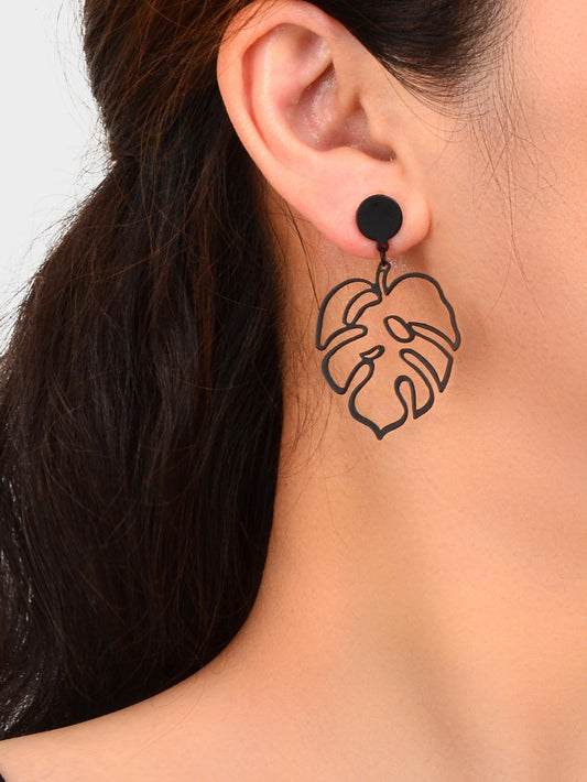 Pierced Abstract Geometric Black Leaf Hollow Statement Earrings Plant Stud Gift-1