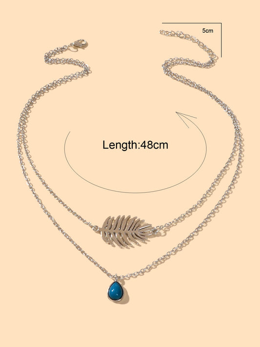 Trendy Double layer Silver Chain Leaf Charm Blue Bead Water Drop Charm Necklace-1