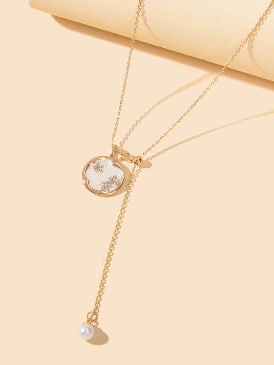 Exquisite Jewellery Gold Chain White Round Pendant Pearl Charm Y shape Necklace-1