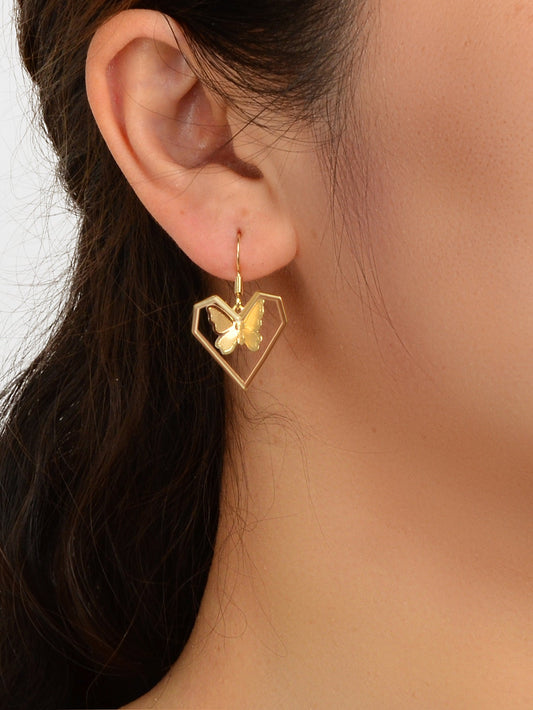 Delicate Female Jewelry Gold Heart Stereoscopic Butterfly Charm Dangle Earrings-1