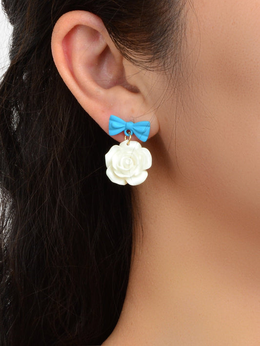 Elegant Jewellery Blue Bow Tie White Resin Flower Dangle Pierced Party Earrings-1