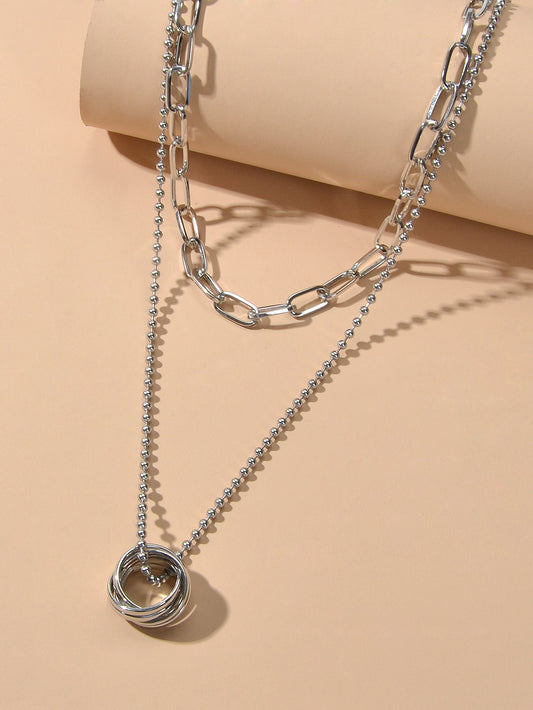 Double layer Silver Chain Circle Pendant Necklace Designer Jewellery Accessories-1