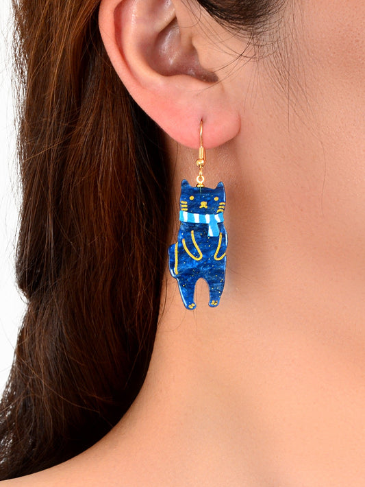 Funny Acrylic Blue Scarf Cat Dangle Drop Creative Unique Cartoon Pet Earrings-1