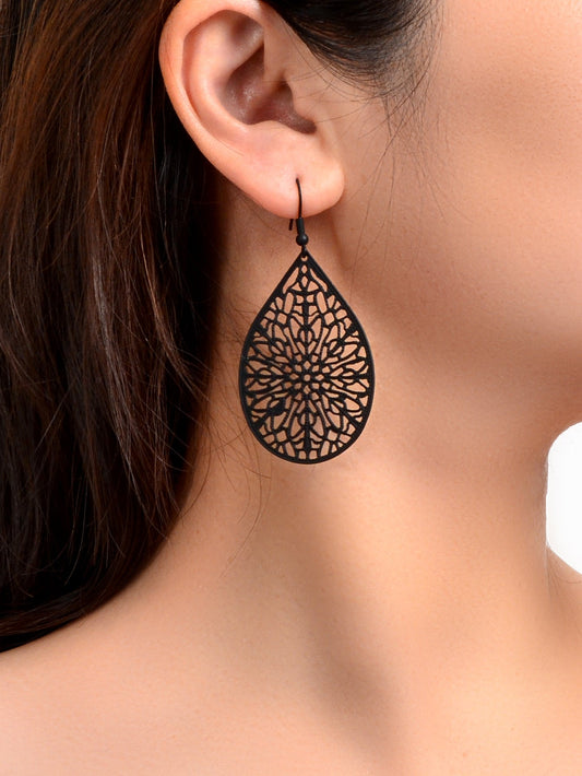 Vintage Black Flower Pattern Hollow Water Drop Earrings Trendy Women Accessories-1