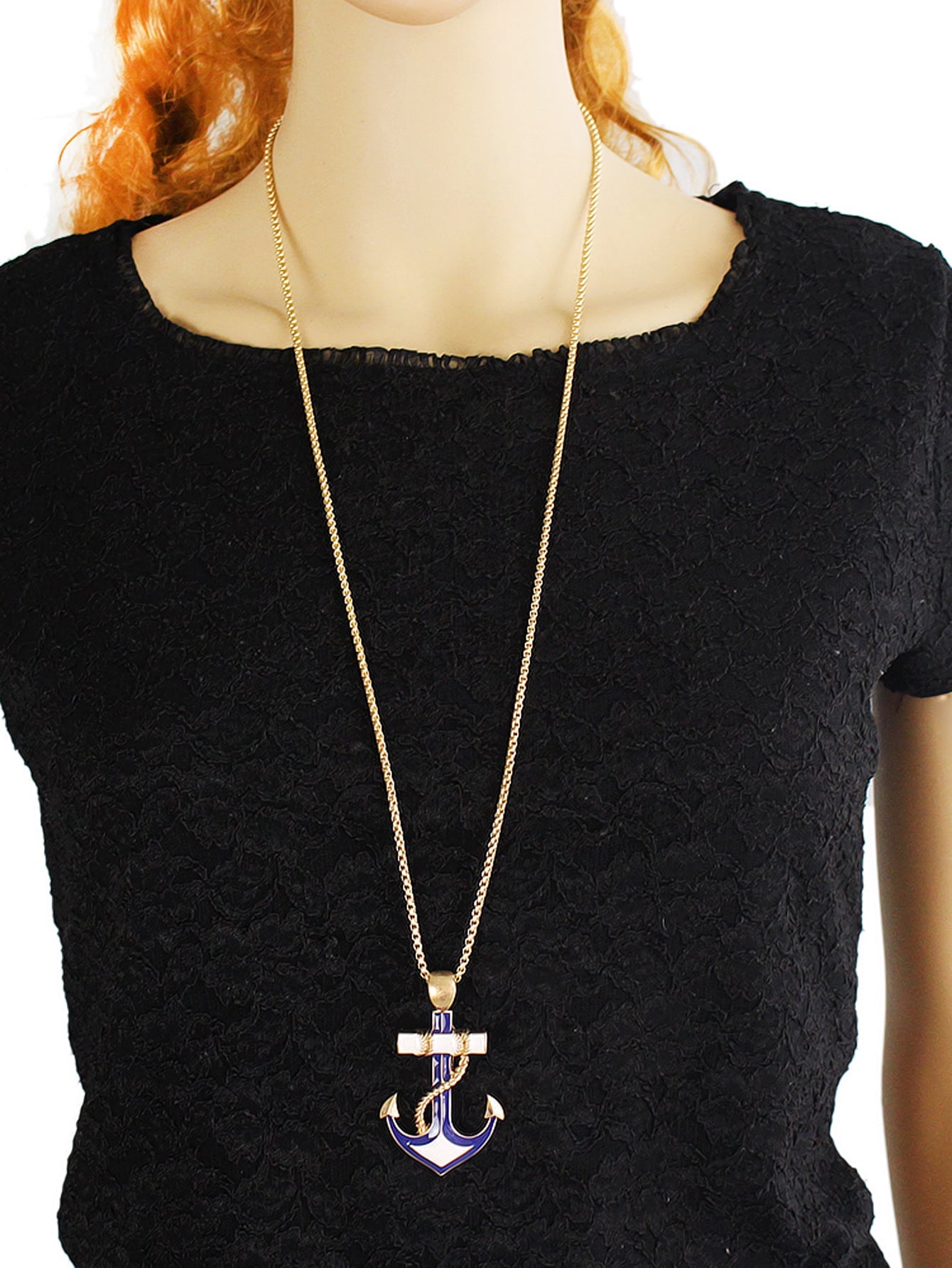 Nautical Jewelry Long Chain White Blue Anchor Pendant Necklace Ocean Accessories-4