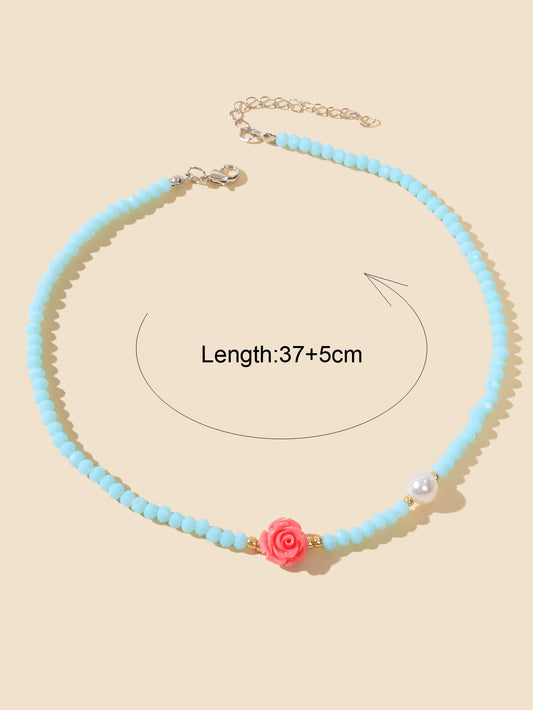 Pearl Red Resin Flower Decoration Blue Beads Short Collar Clavicle Necklace Gift-1