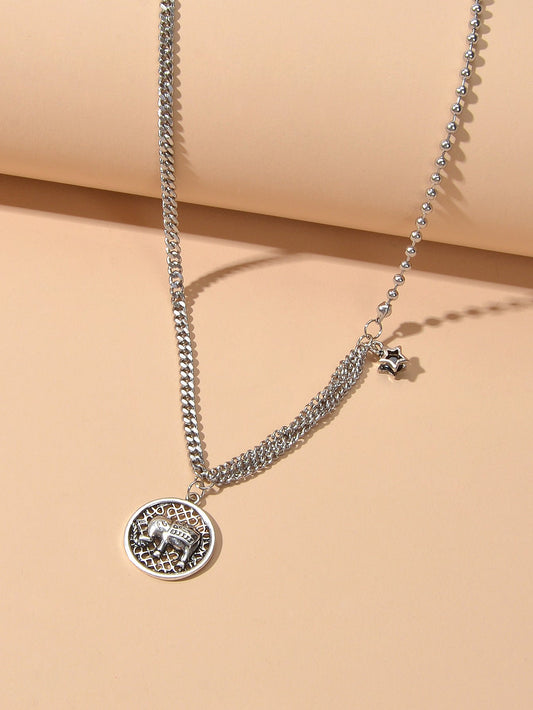 Intricate Antique Silver Multiple Chain Star Elephant Hollow Round Necklace Gift-1