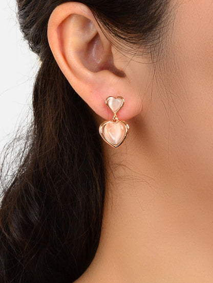 Girlfriend Birthday Gift Elegant Rose Gold Pink Opal Love Heart Dangle Earrings-1