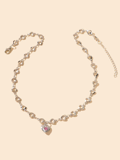 Birthday Anniversary Jewelry Titanium Steel Pink Rhinestone Heart Charm Necklace-1