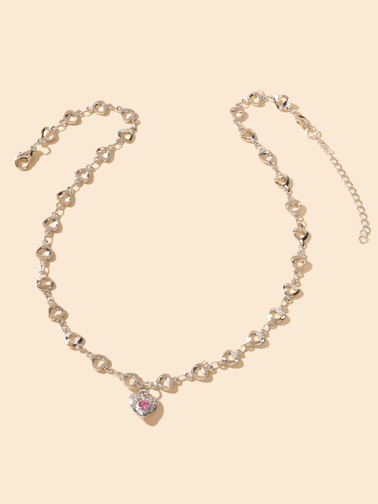 Birthday Anniversary Jewelry Titanium Steel Pink Rhinestone Heart Charm Necklace-1