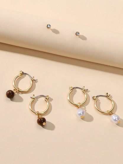 3 pairs Ear Jewellery Pearl Beads Charm Hoop Earrings set Rhinestone Studs Gift-1