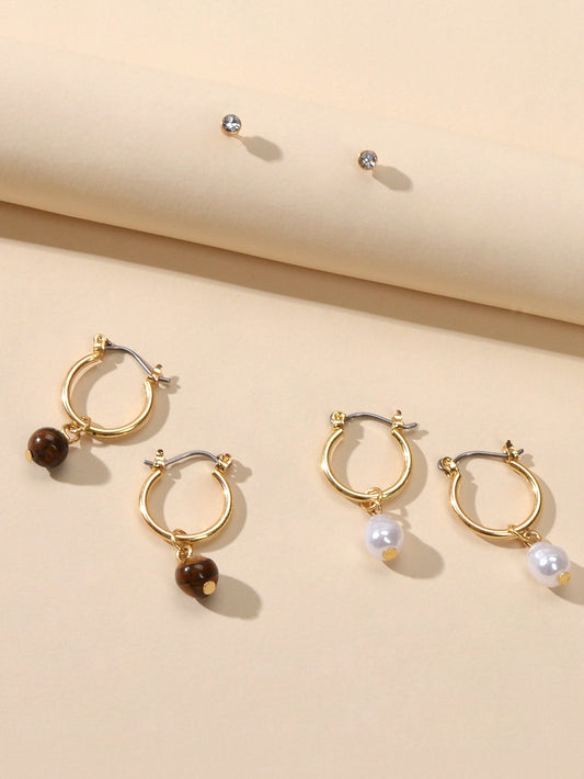 3 pairs Ear Jewellery Pearl Beads Charm Hoop Earrings set Rhinestone Studs Gift-1