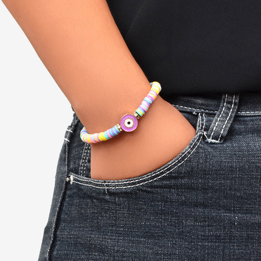 Heishi Surfer Handmade Evil Eye Rainbow Vinyl Disc Beaded Stretchy Bracelet Gift-1