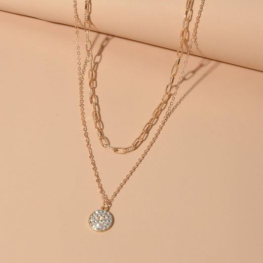 Female Jewellery Double layer Paperclip Gold Silver Chain Round Pendant Necklace-1