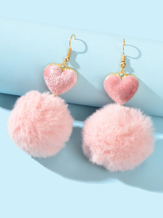 Faux Fur Fluffy Ball Handmade Soft Plush Pom Pom Heart Dangle Earrings Jewellery-1