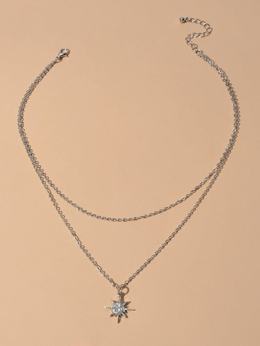 Trendy Jewellery Double layer Silver Chain Rhinestone Decor Star Charm Necklace-1