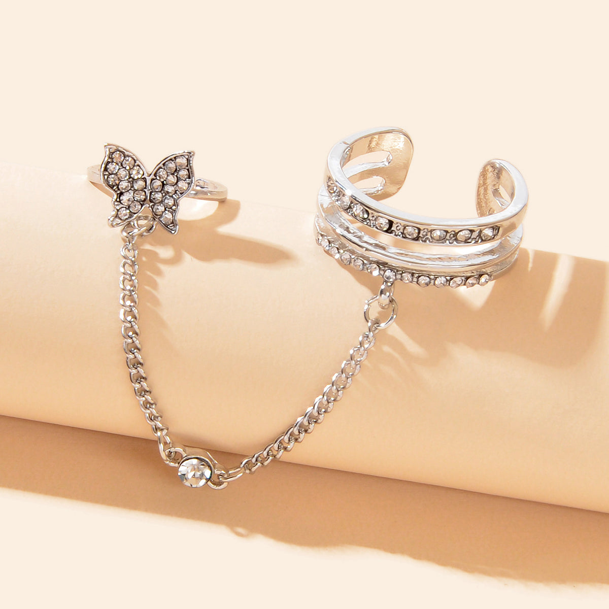 Personality Rhinestone Silver Butterfly Double Fingers Ring with Chain Ear Cuff-1
