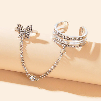Personality Rhinestone Silver Butterfly Double Fingers Ring with Chain Ear Cuff-1