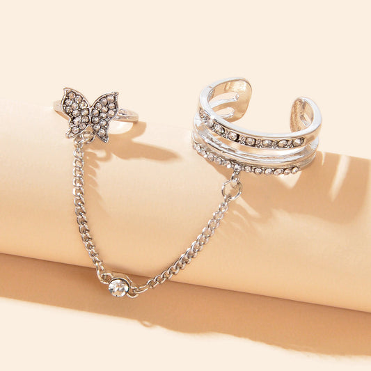 Personality Rhinestone Silver Butterfly Double Fingers Ring with Chain Ear Cuff-1