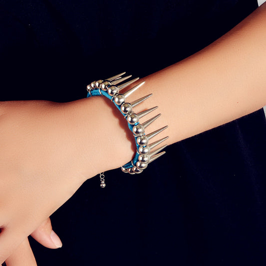 Grunge Punk Rock Jewelry Blue Pu Leather Multi-layer Chain Silver Spike Bracelet-1