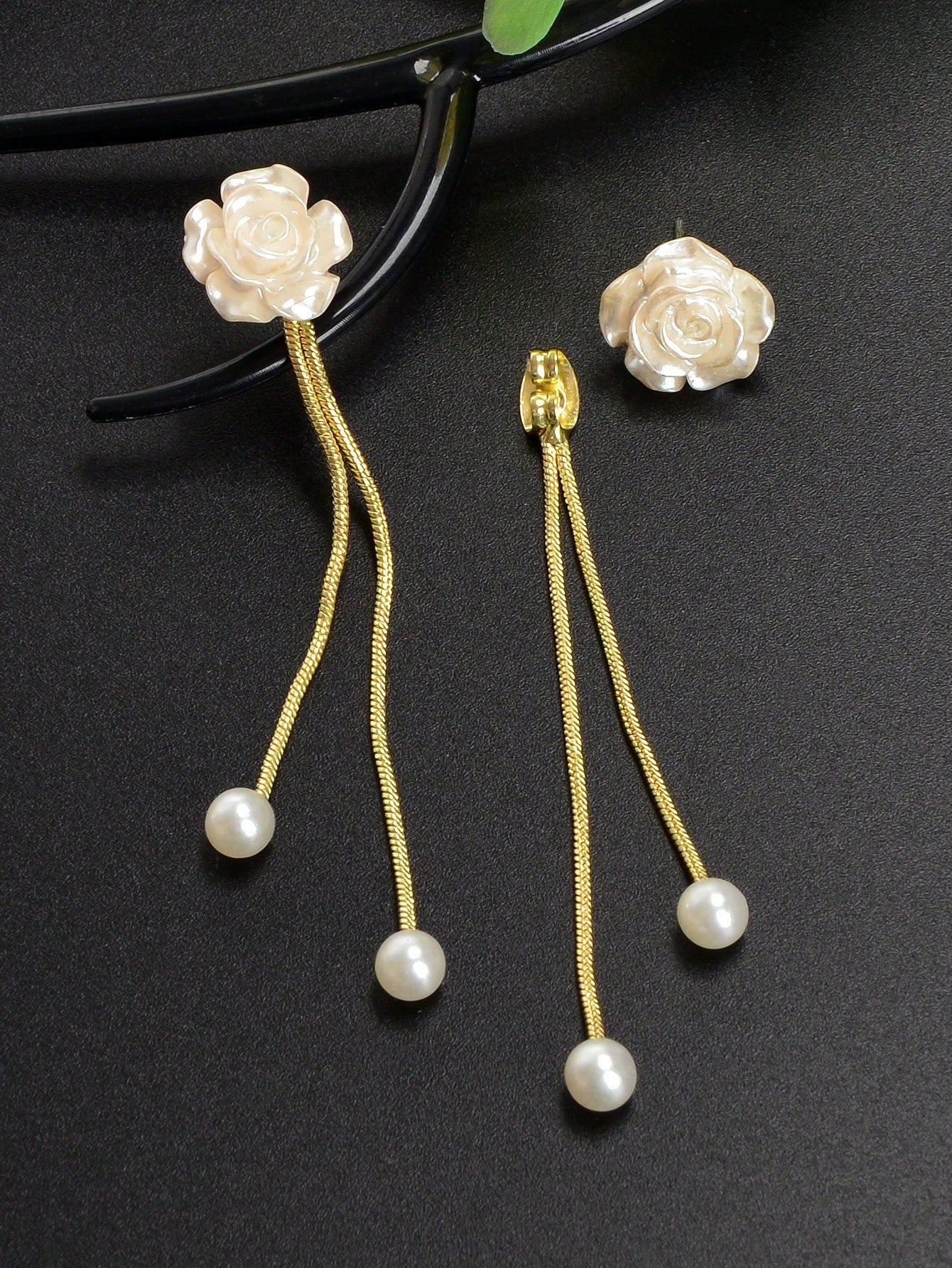 Romantic Flower Pearl Charm Long Gold Chain Pendant Earrings-2