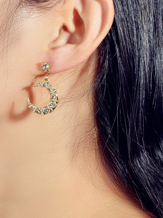Textured Luxury Full Rhinestone Star Moon Dangle Earrings Wedding Gift Jewellery-1