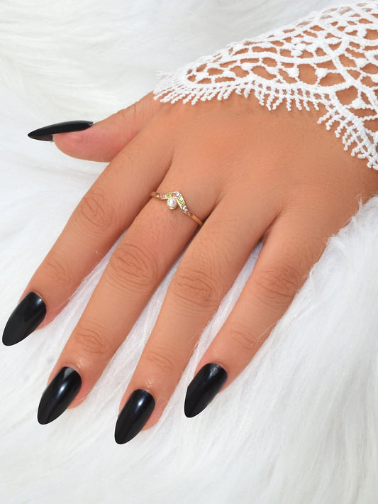 Luxury Wedding Jewellery Multi-colored Rhinestone Pearl V Shape Gold Finger Ring-1