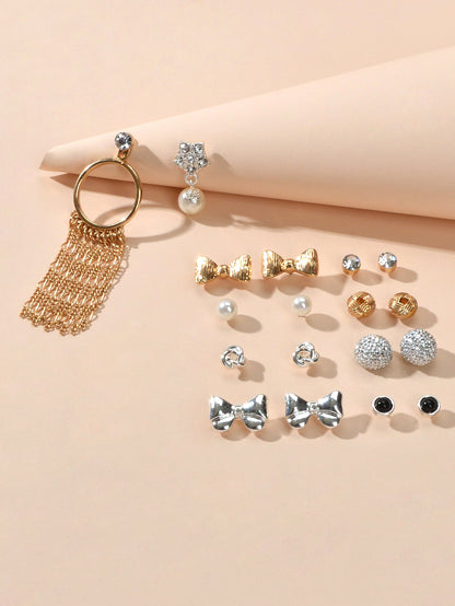 9 pairs Bowknot Rhinestone Pearl Stud Flower Tassel Chain Dangle Earrings Gift-1